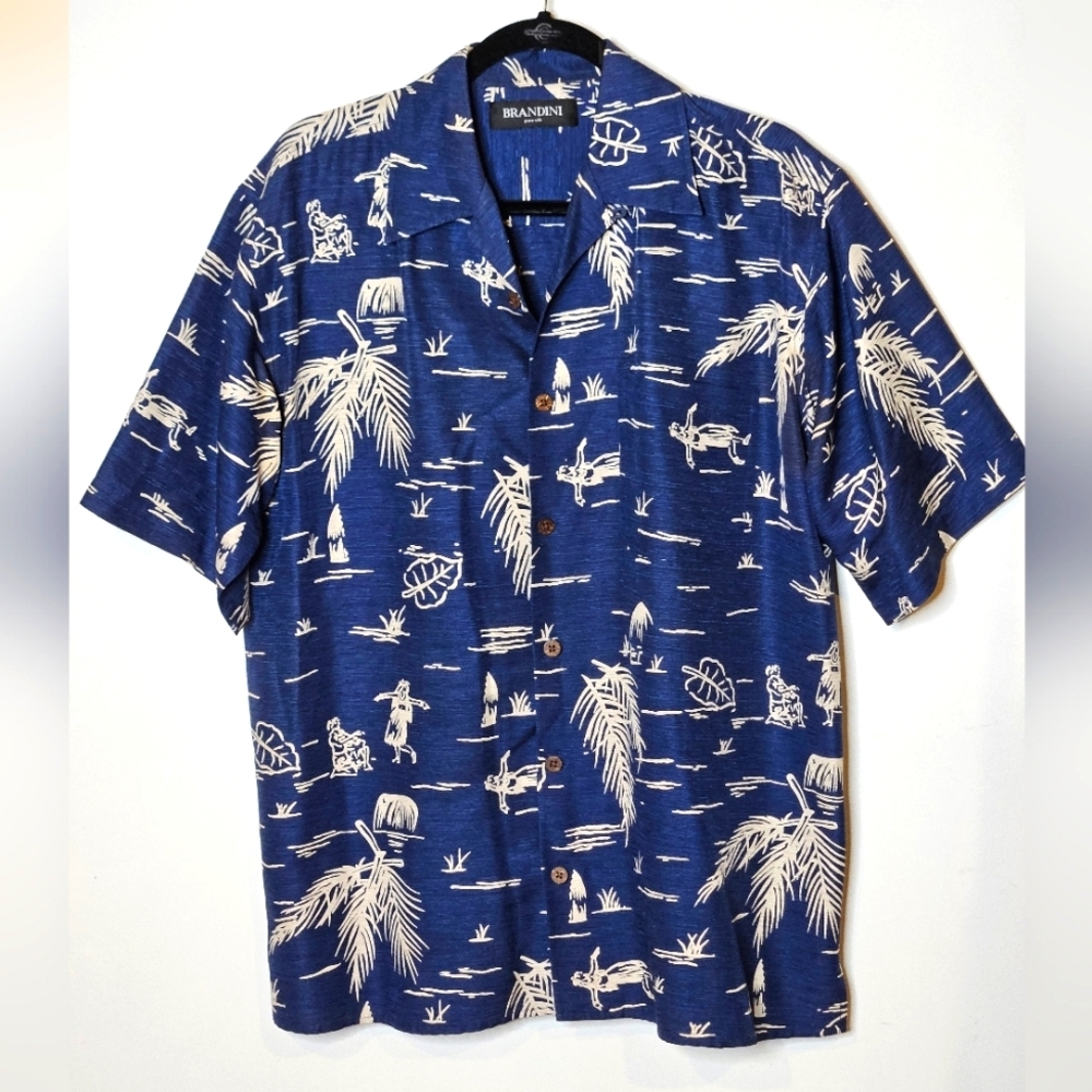Brandini Silk Hawaiian Tropical‎ Vacation Print Men's Large Shirt Blue